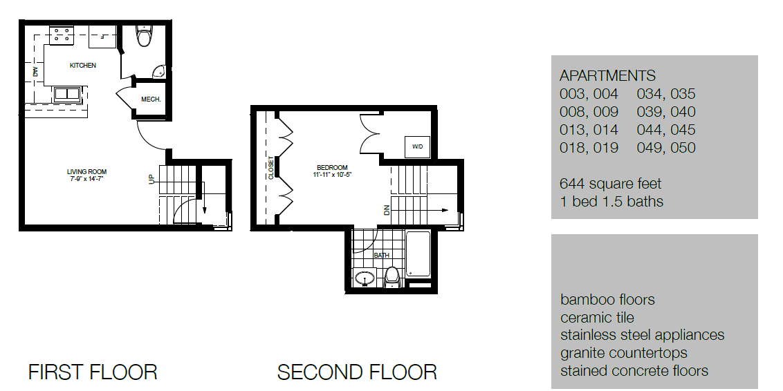 Floor plan for 1 bed, 1.5 baths, 660 sqft